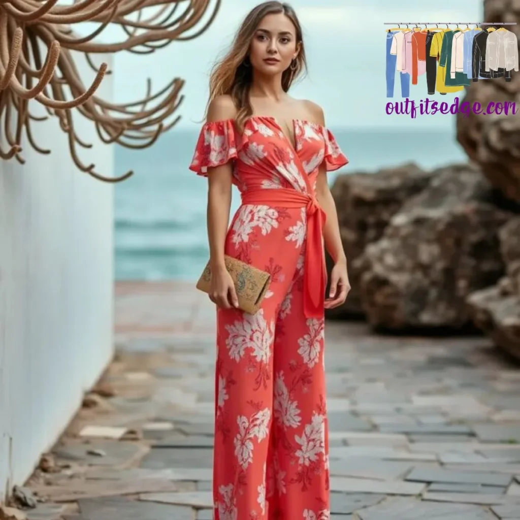 vCoral Print Jumpsuit with Off-Shoulder Top