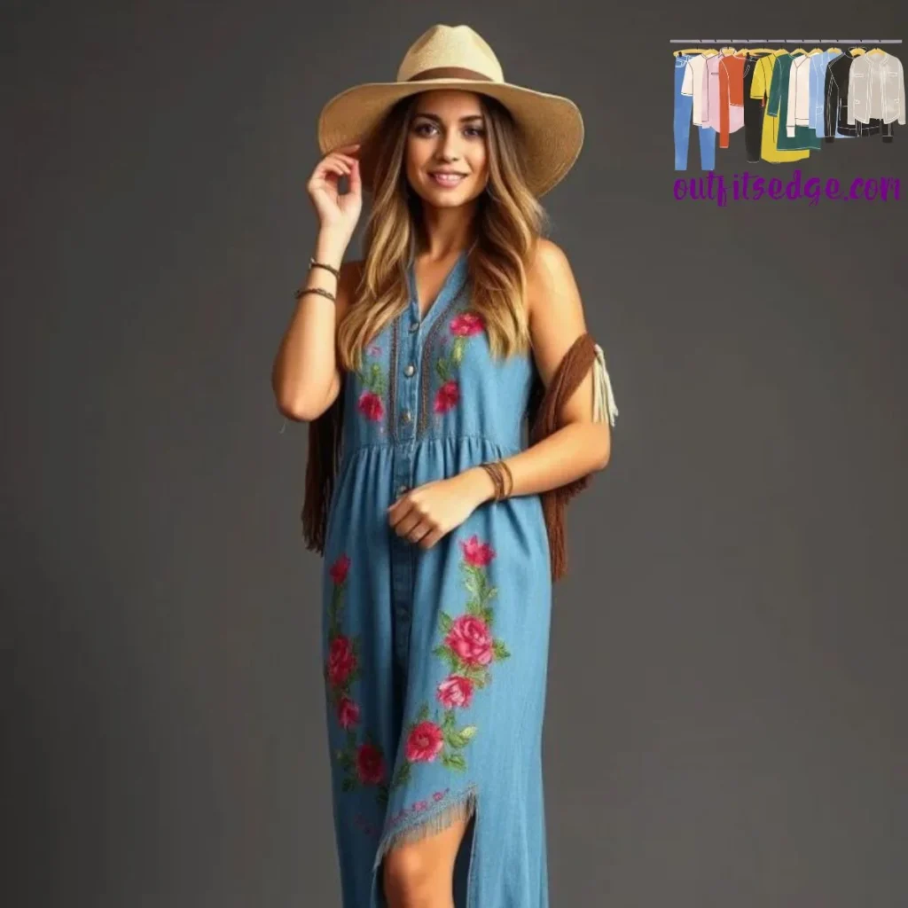 Embroidered Boho Denim Maxi Dress