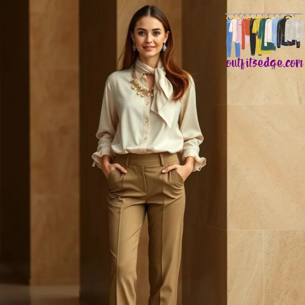 Khaki Trousers with a Silk Blouse